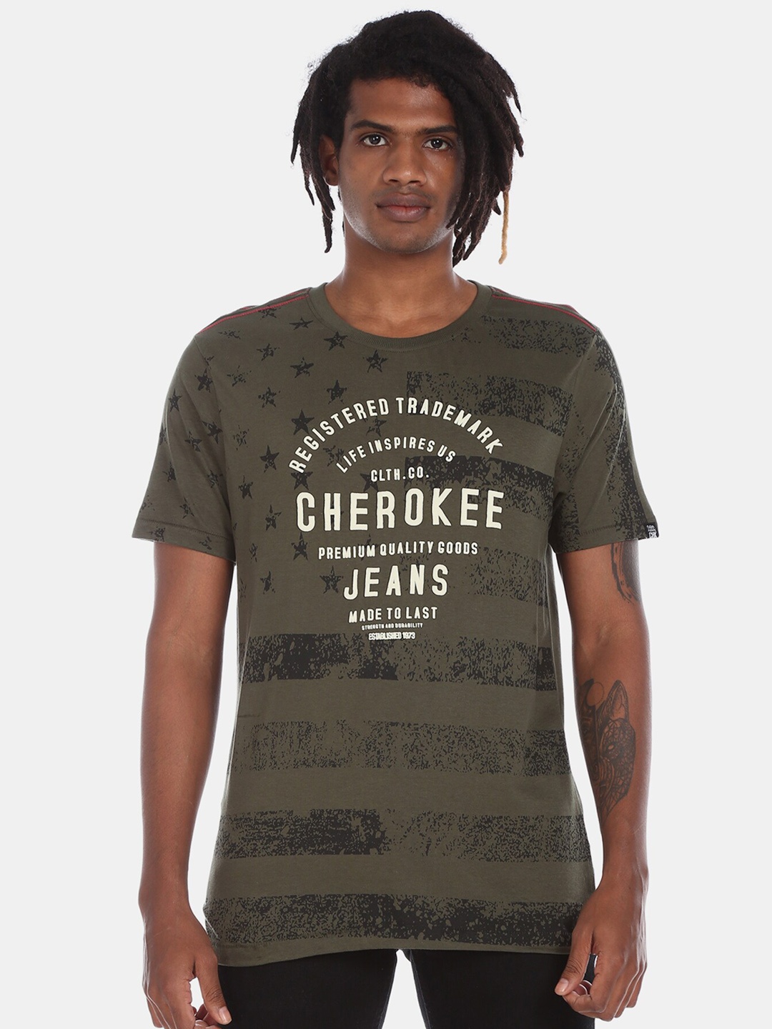 

Cherokee Men Olive Green Printed Round Neck T-shirt
