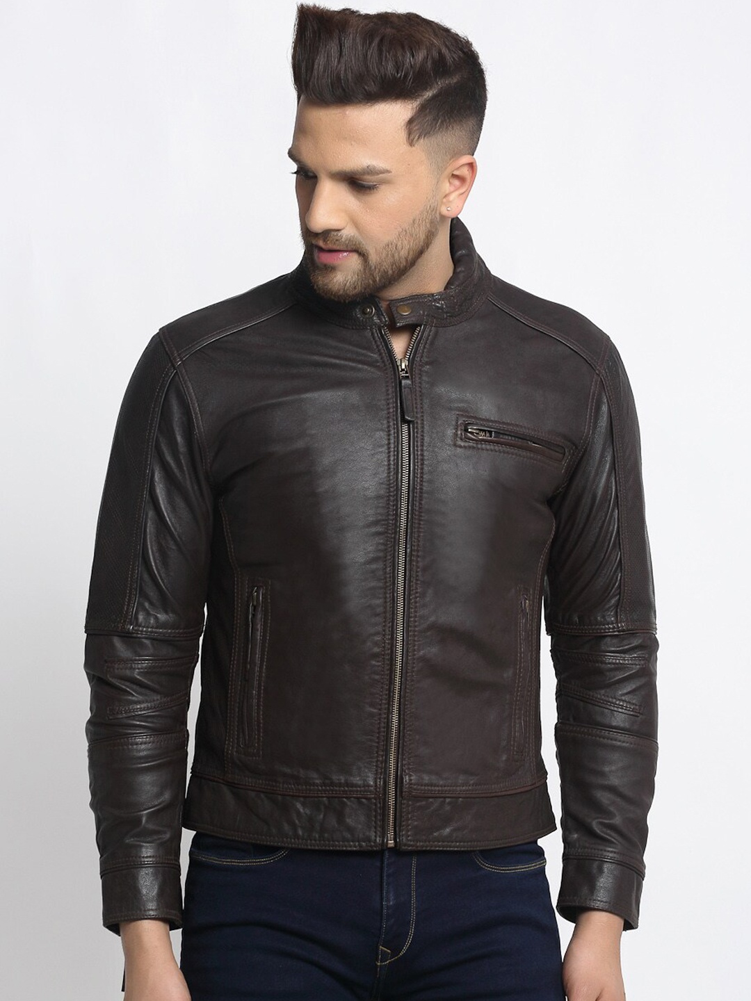 Teakwood Leathers Men Brown Solid Lightweight Biker Jacket
