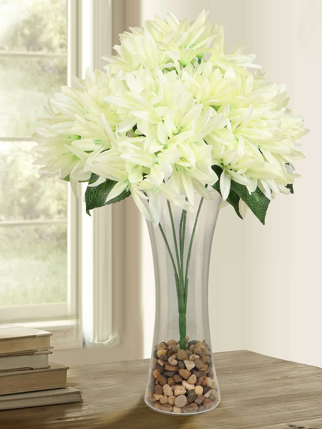 

TIED RIBBONS White & Green Artificial Flower Bunch with Glass Vase