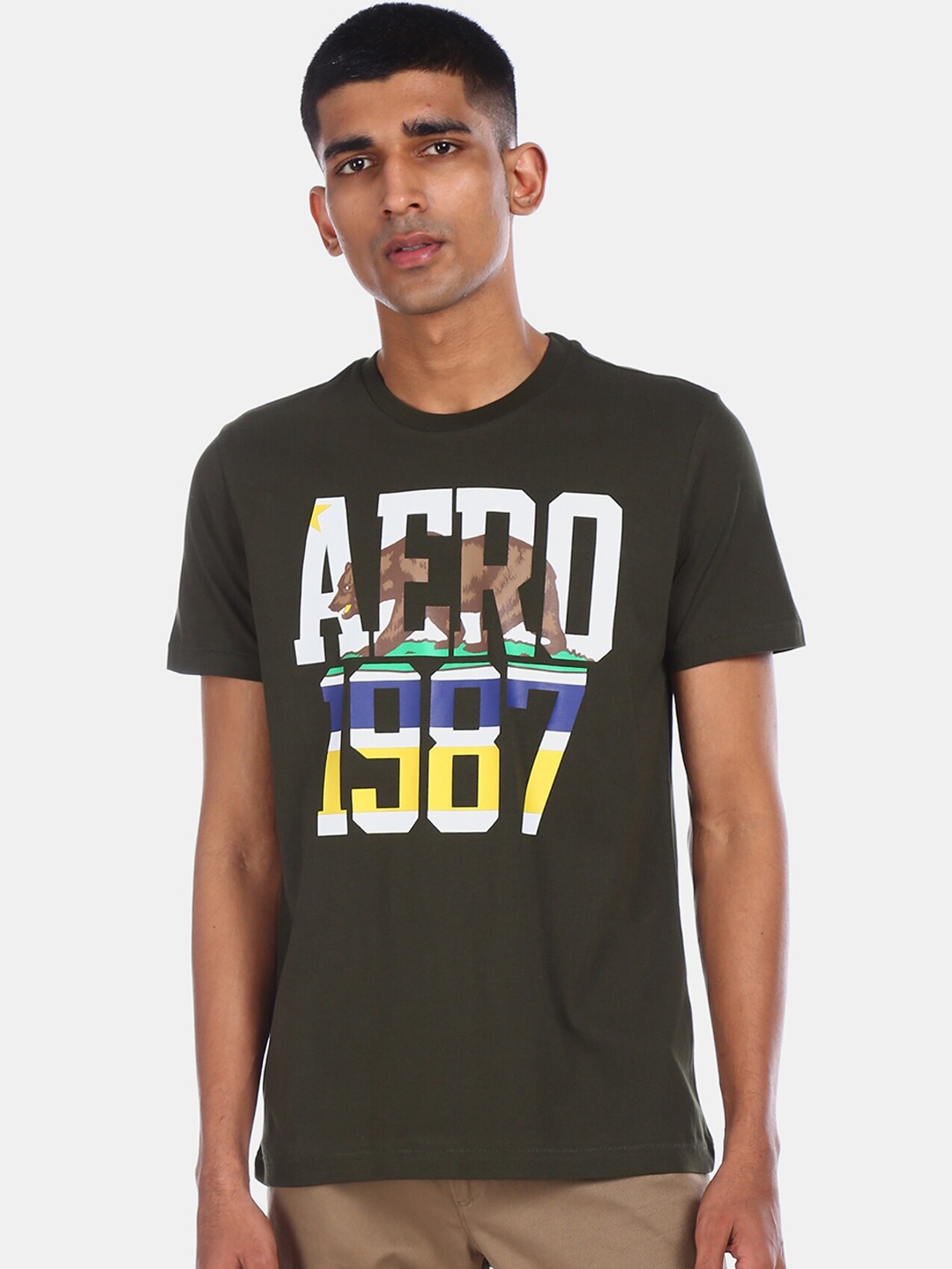 

Aeropostale Men Green & White Printed Round Neck T-shirt