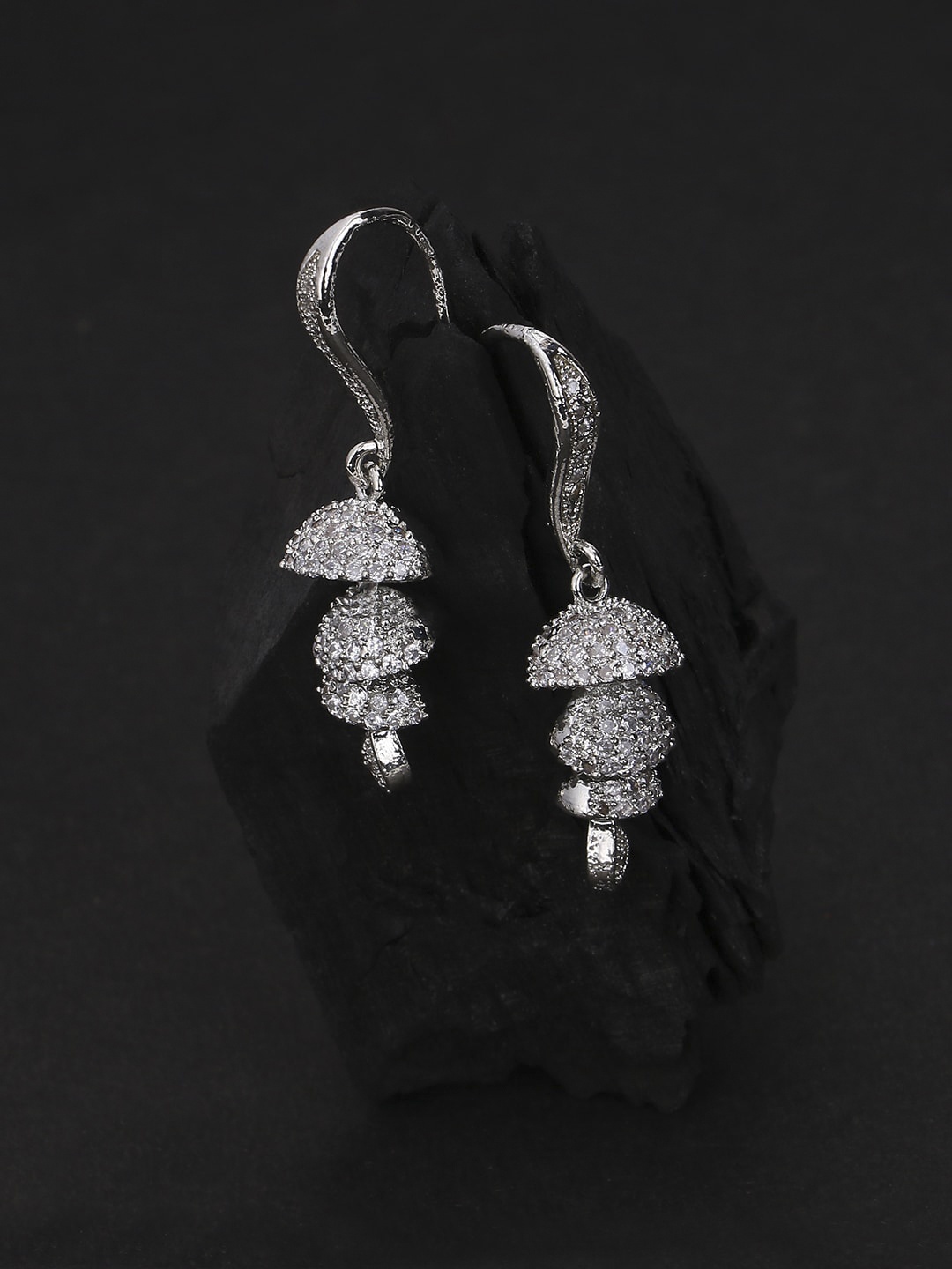 

Adwitiya Collection Rhodium-Plated Silver-Toned CZ Stone Studded Dome Shaped Jhumkas