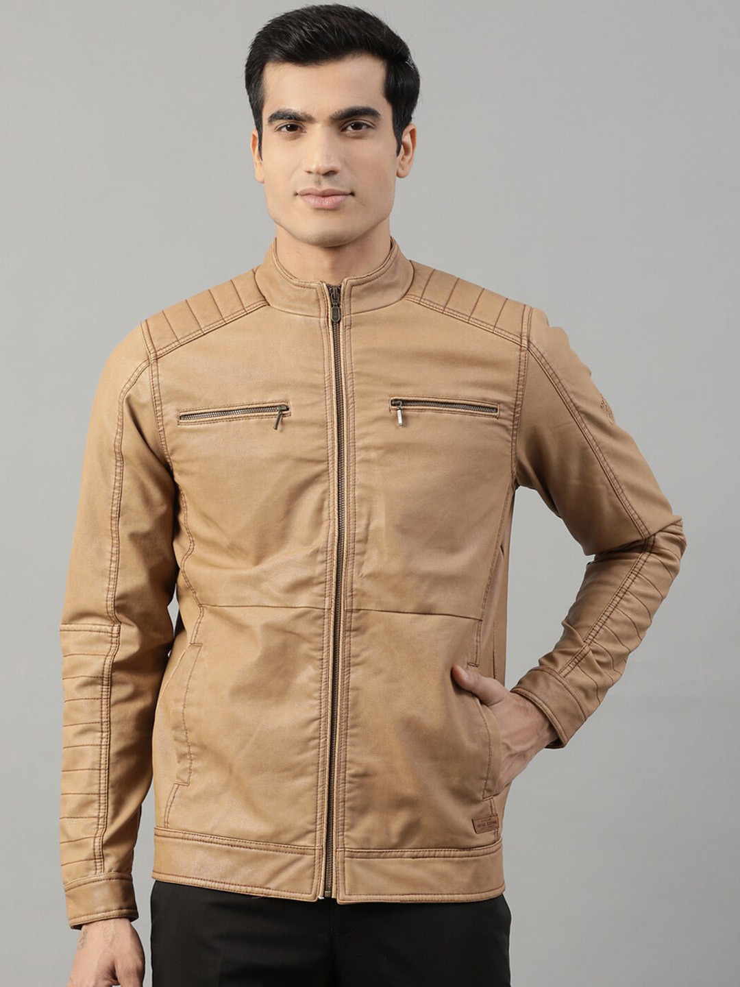 

HARSAM Men Beige Solid Biker Jacket