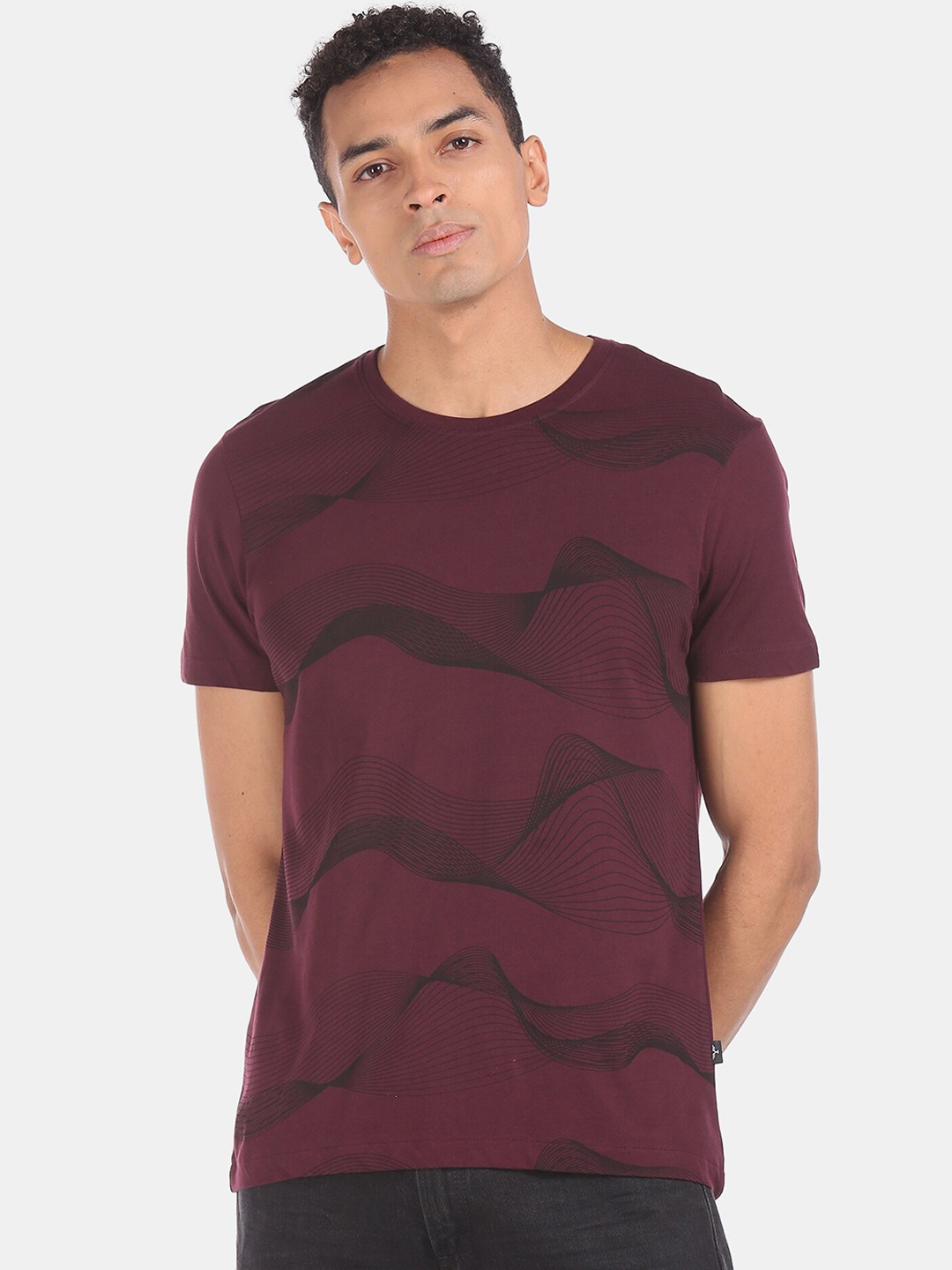 

Flying Machine Men Burgundy Printed Round Neck Cotton Pure Cotton T-shirt