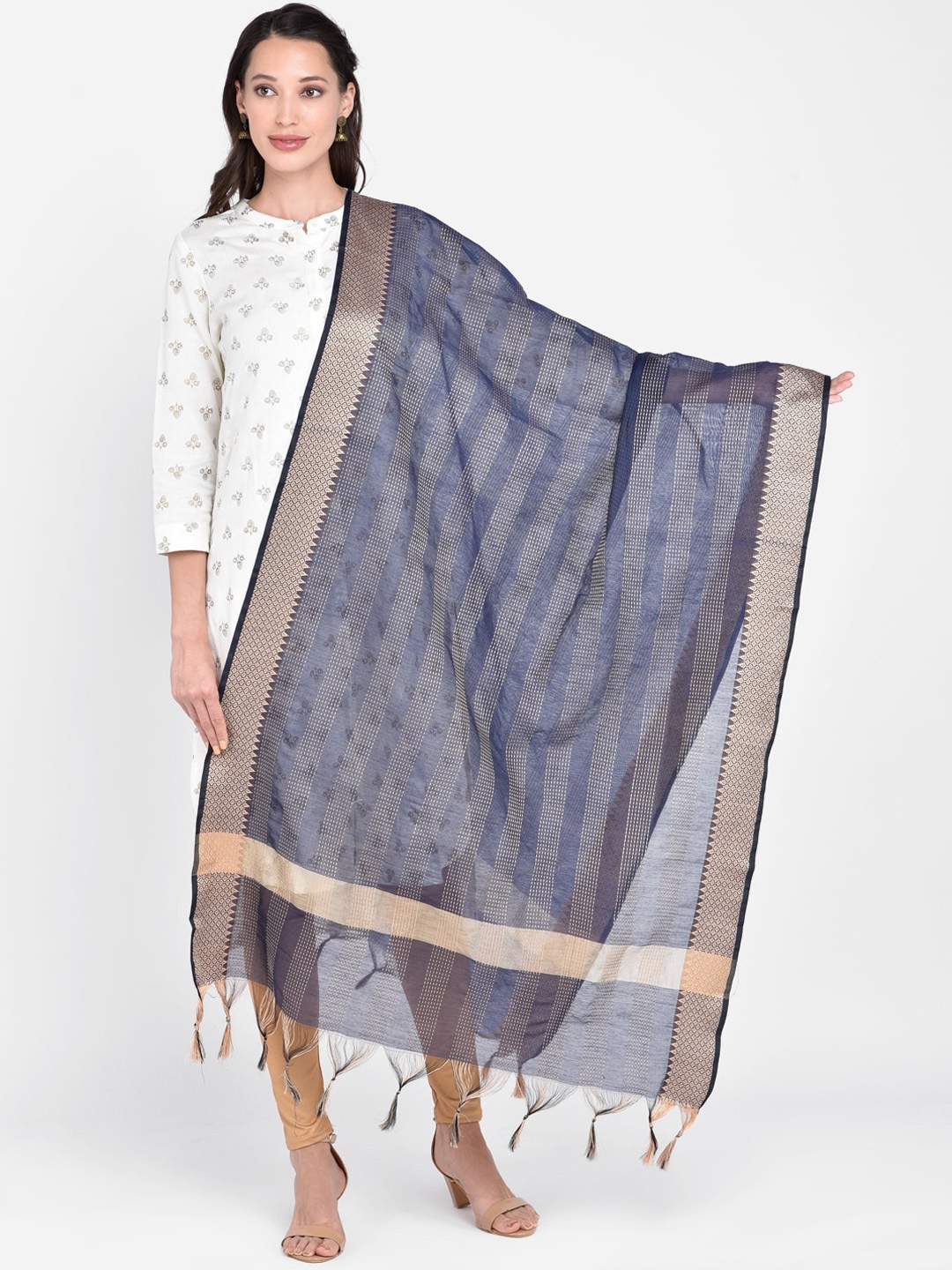 

Dupatta Bazaar Navy Blue & Gold-Toned Woven Design Dupatta