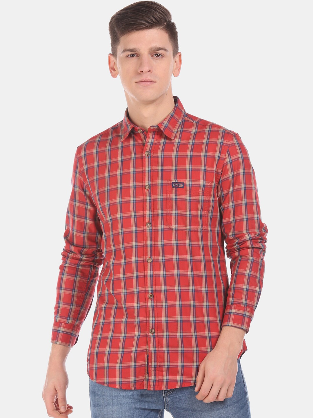 

U.S. Polo Assn. Denim Co. Men Red Regular Fit Checked Cotton Casual Shirt