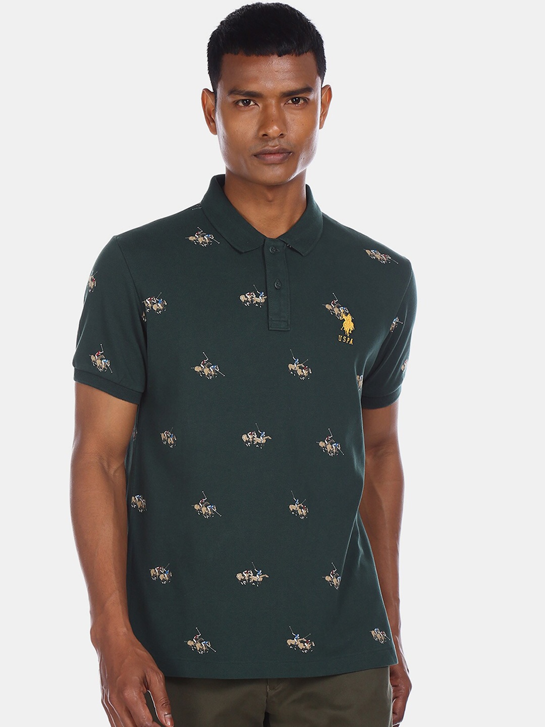 

U.S. Polo Assn. Men Green Printed Mandarin Collar T-shirt