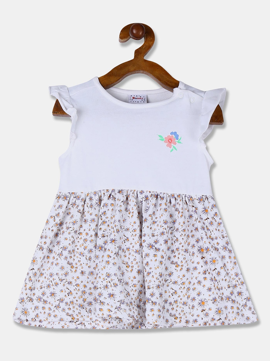 Donuts Girls White Floral Printed A-Line Dress