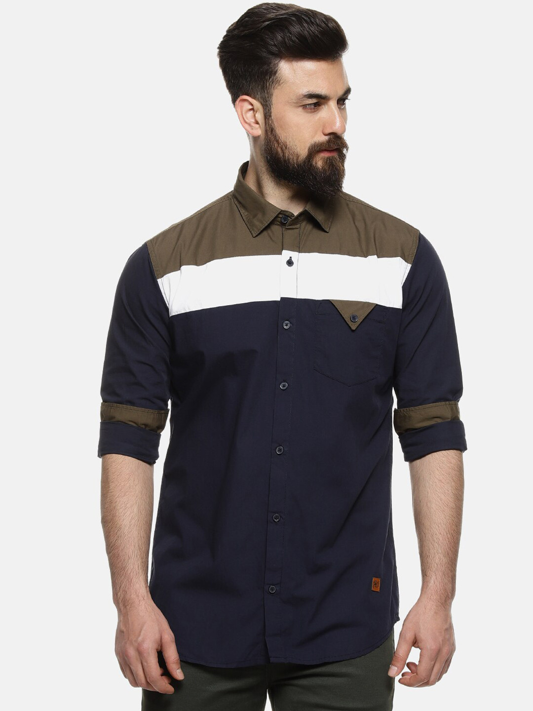 

Campus Sutra Men Navy Blue & Olive Brown Regular Fit Colourblocked Casual Shirt