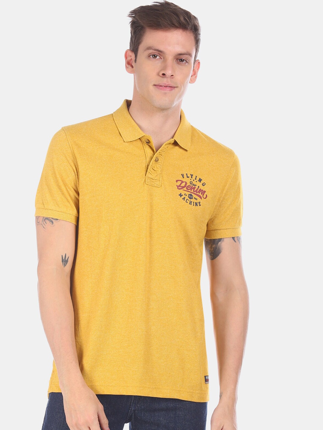 

Flying Machine Men Yellow Solid Polo Collar T-shirt