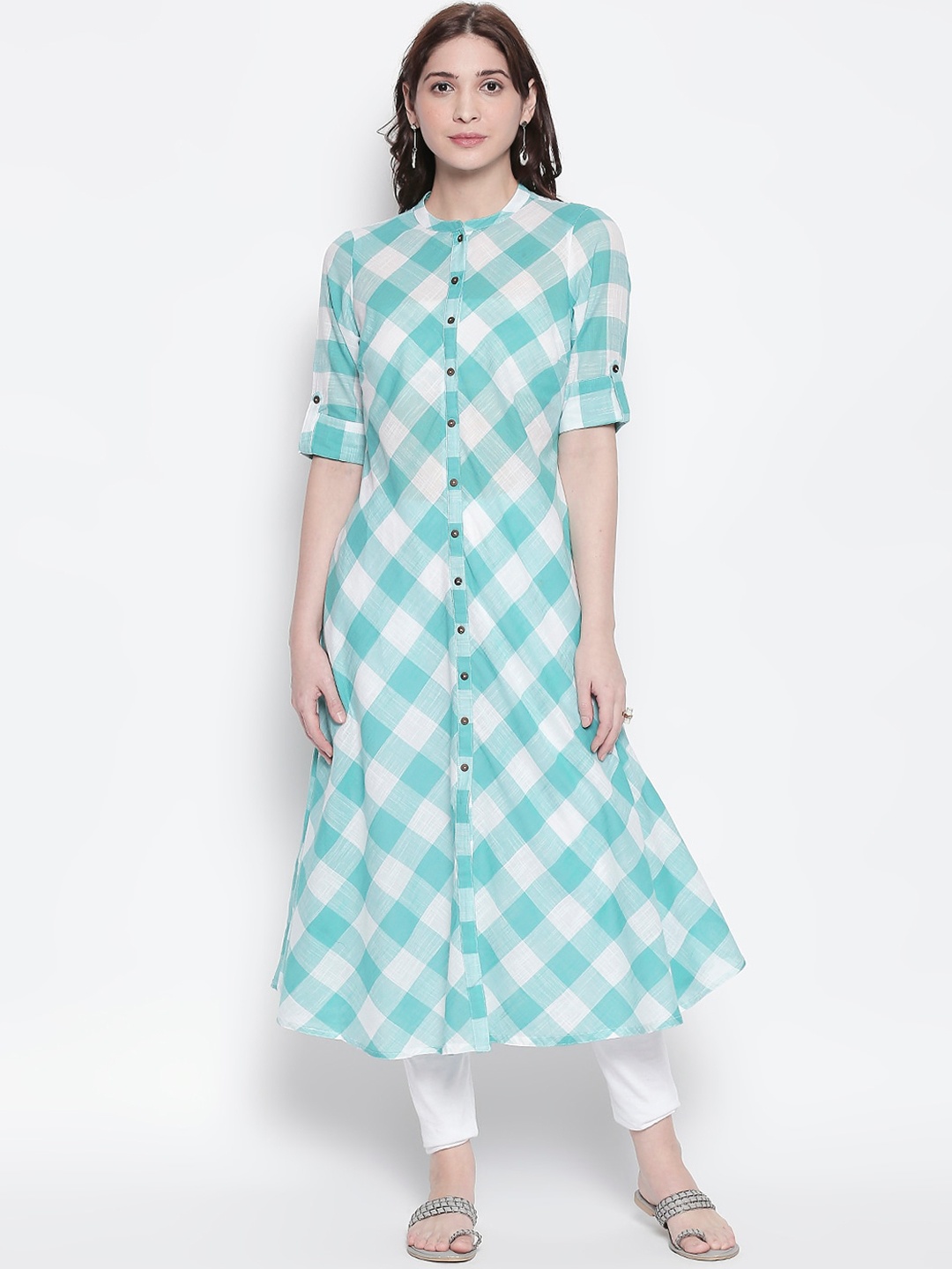 

RANGMANCH BY PANTALOONS Women Sea Green Checked A-Line Kurta