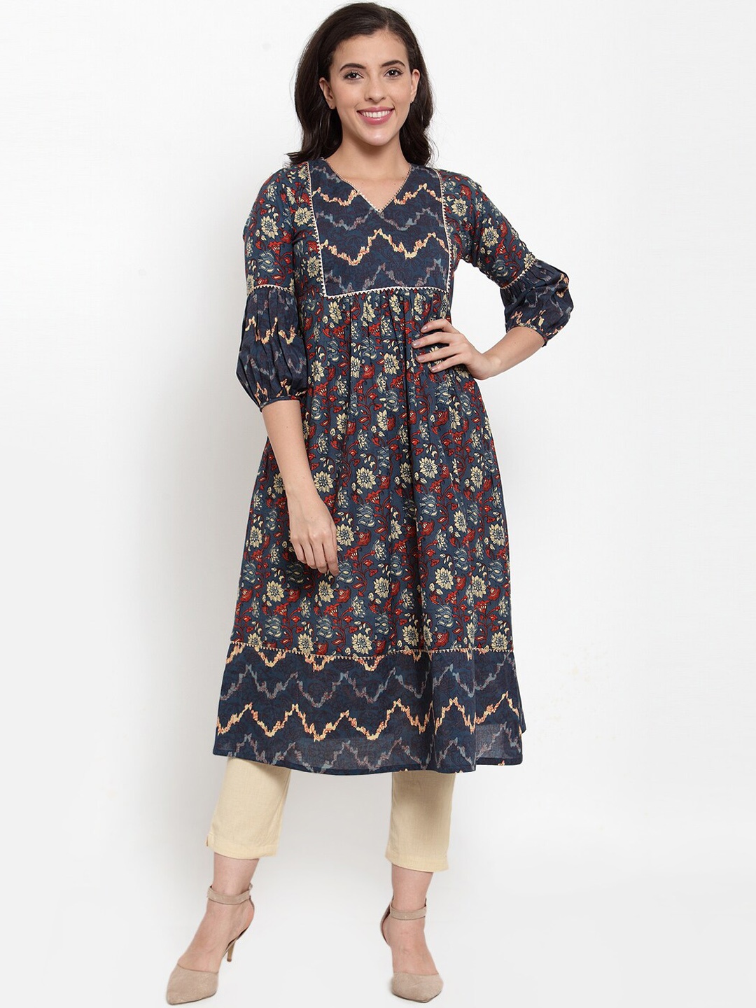 

Indibelle Women Blue & Beige Printed Kurta with Trousers