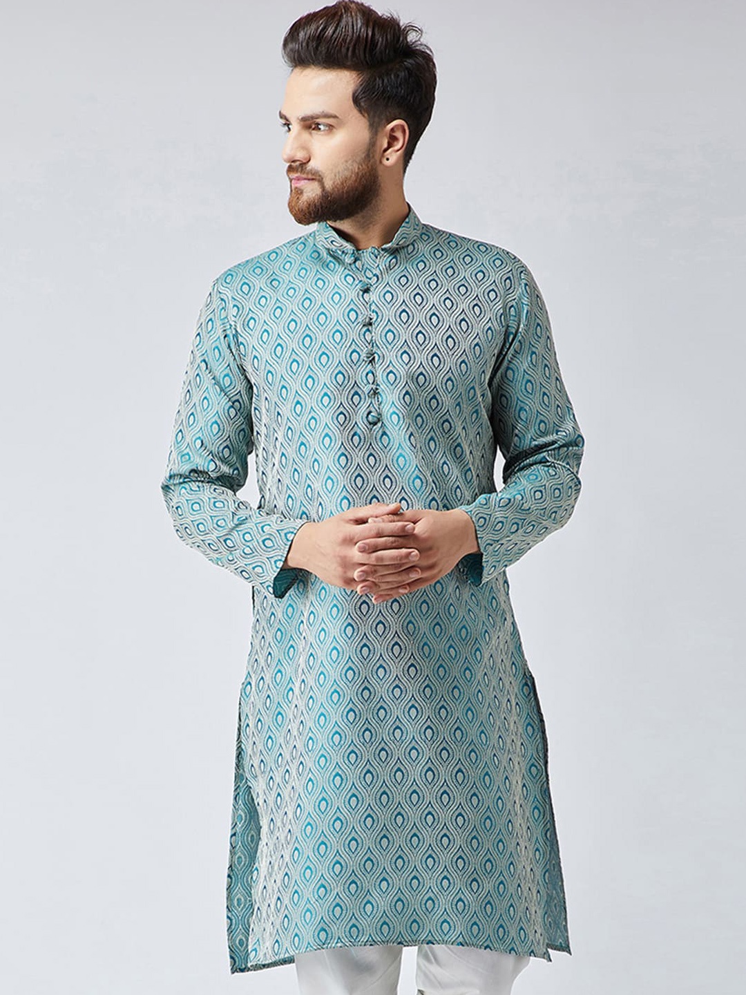 

Jompers Men Teal Blue Woven Design Straight Kurta