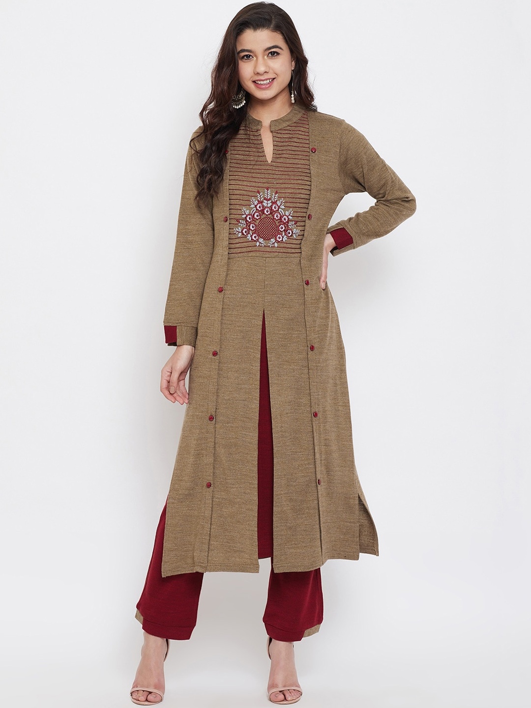 

Zigo Winter Wear Women Brown & Maroon Embroidered Kurta with Palazzos