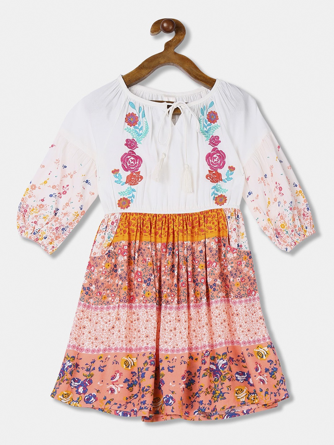 

Cherokee Girls Off-White & Orange Printed Fit and Flare Dress