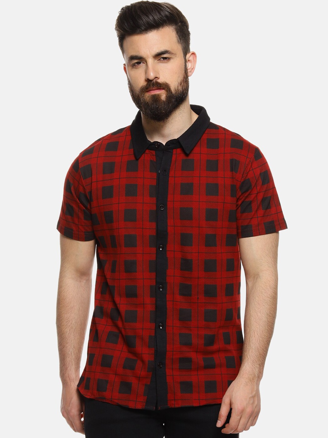 Campus Sutra Men Red & Black Regular Fit Checked Casual Shirt