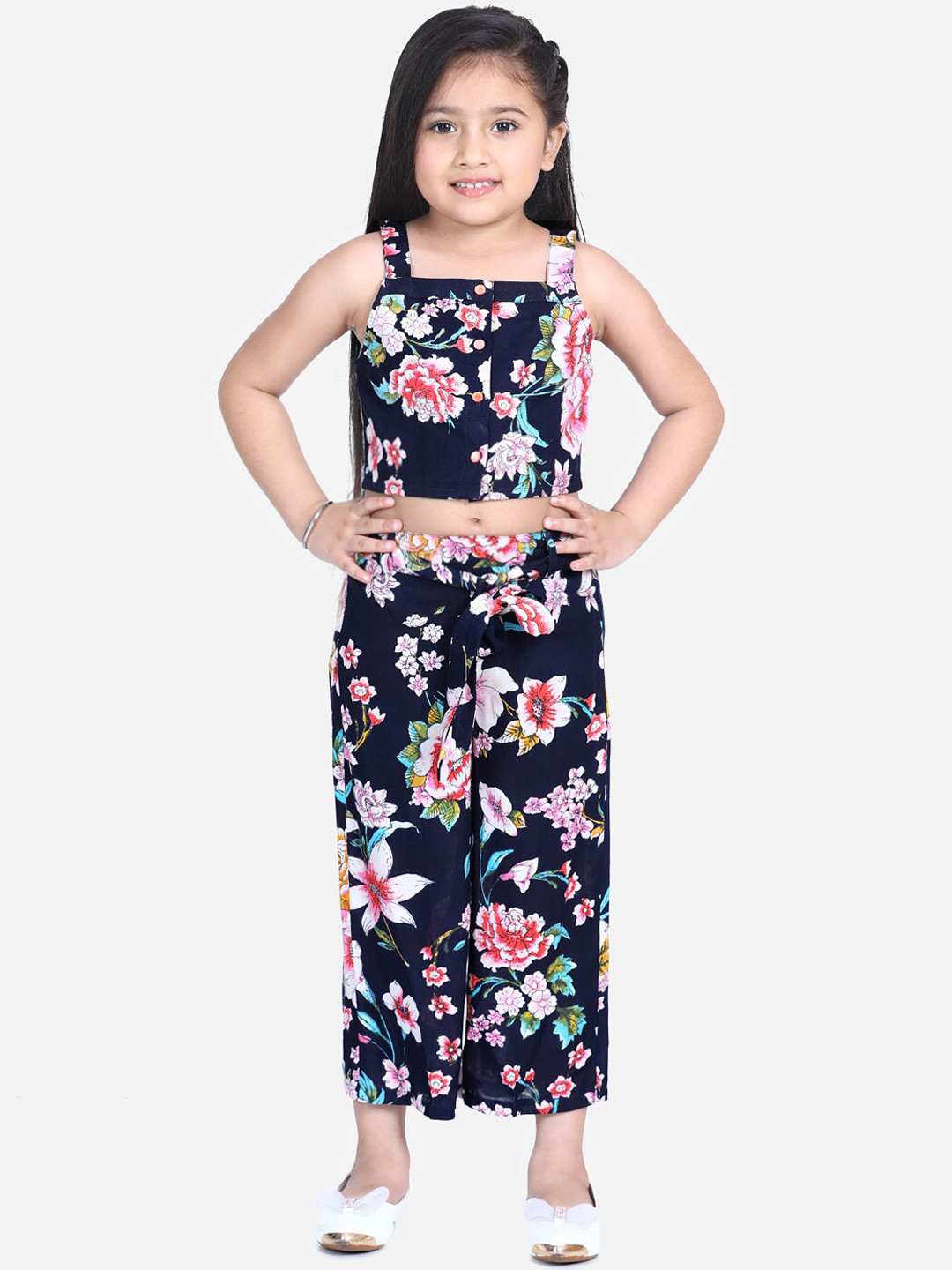 

Naughty Ninos Girls Navy Blue & Pink Floral Printed Top with Palazzos