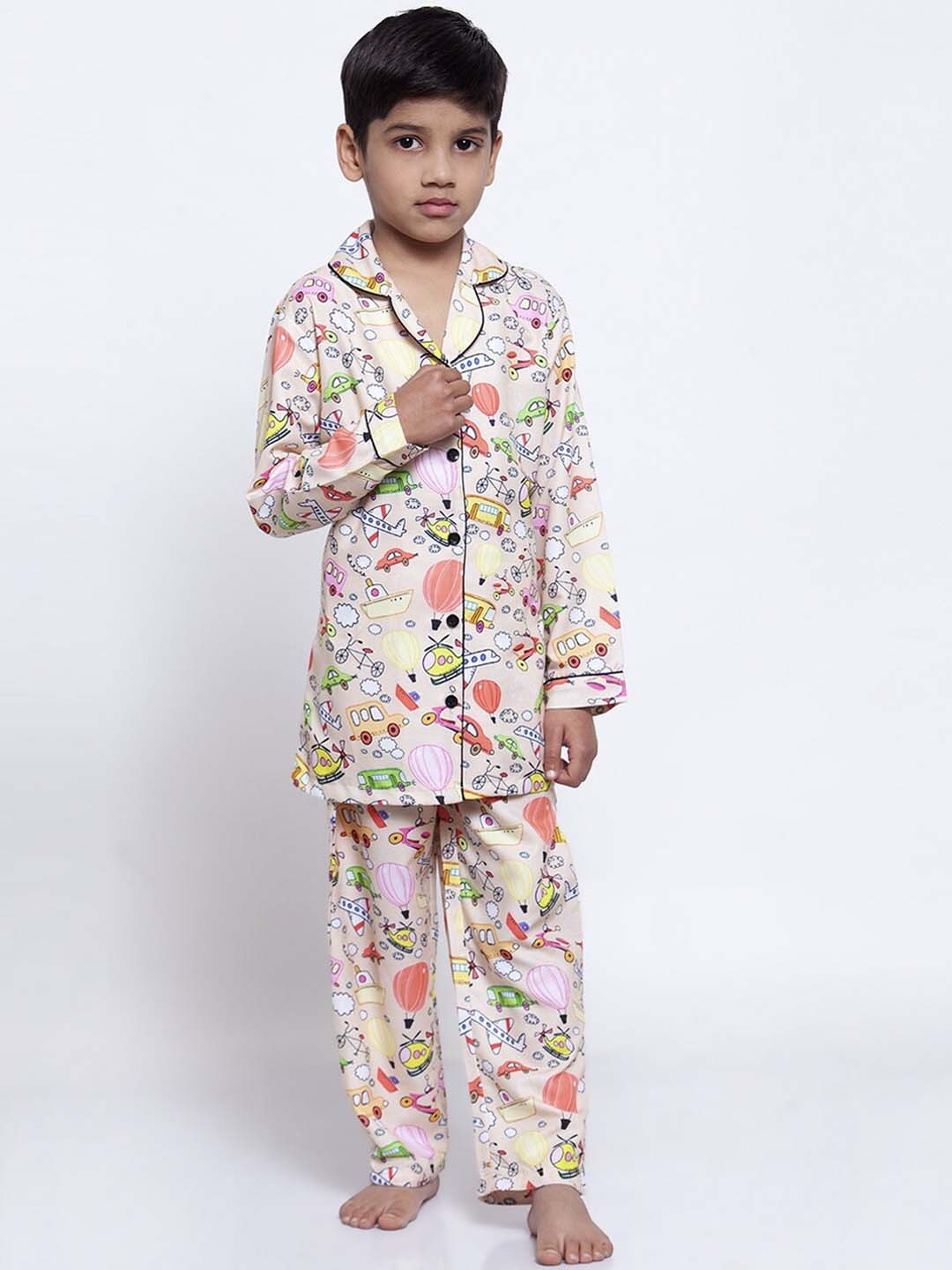

MAXENCE Boys Cream-Coloured & Yellow Printed Night Suit
