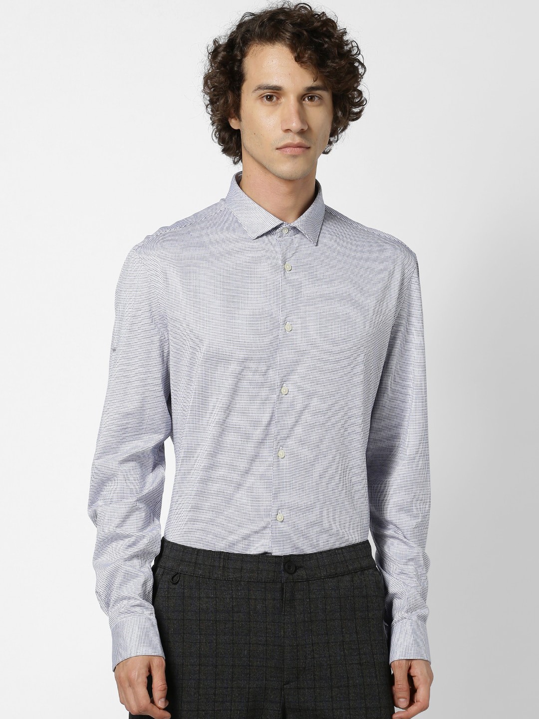 Celio Men Navy Blue & White Slim Fit Printed Cotton Formal Shirt