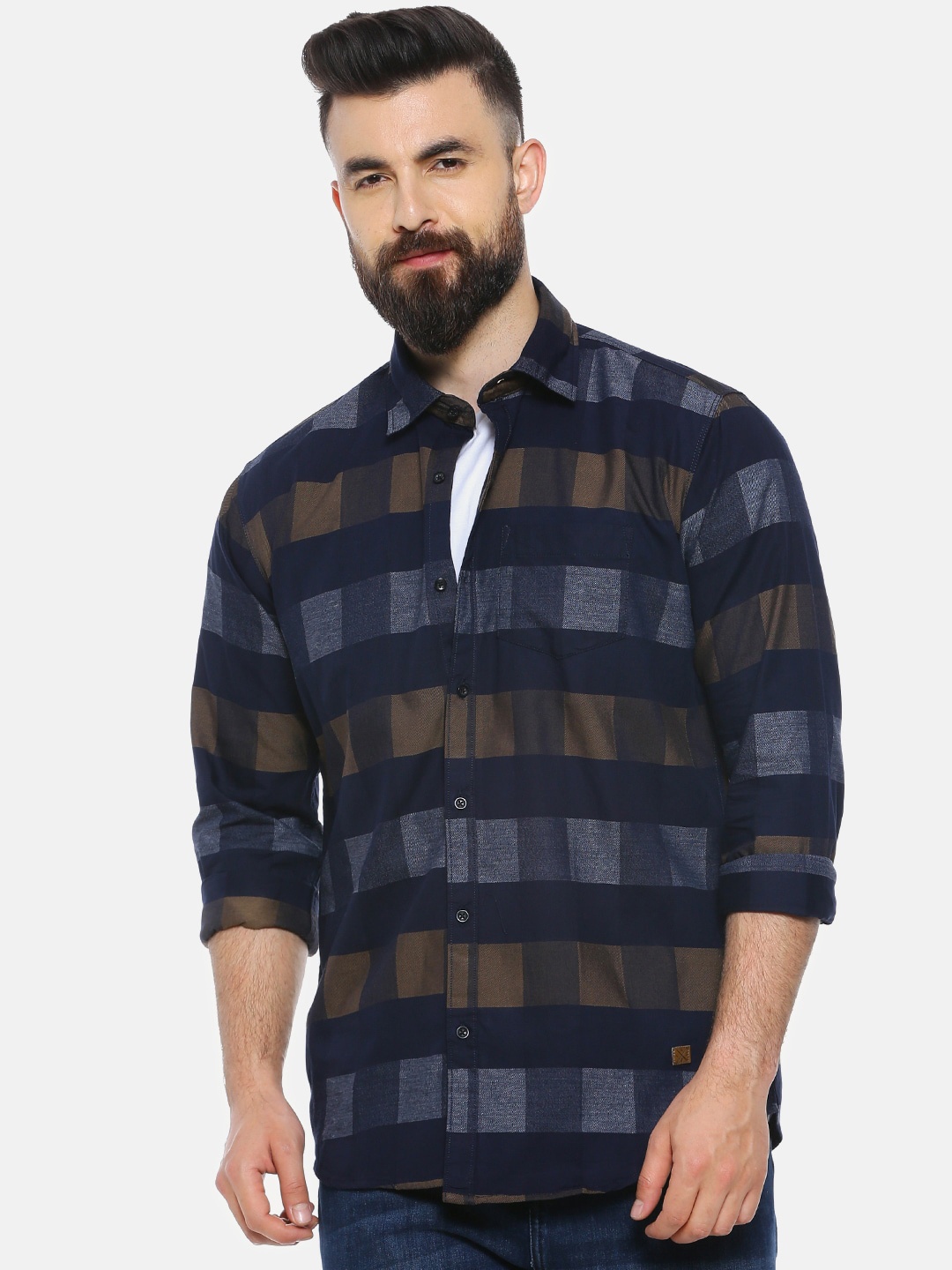 

Campus Sutra Men Navy Blue & Brown Regular Fit Checked Casual Shirt