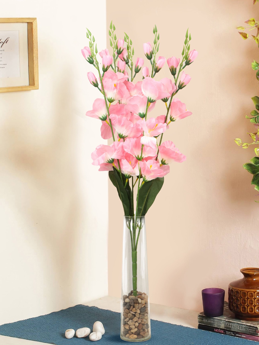 

TIED RIBBONS Pink & Green Artificial Flower Bunch with Glass Vase