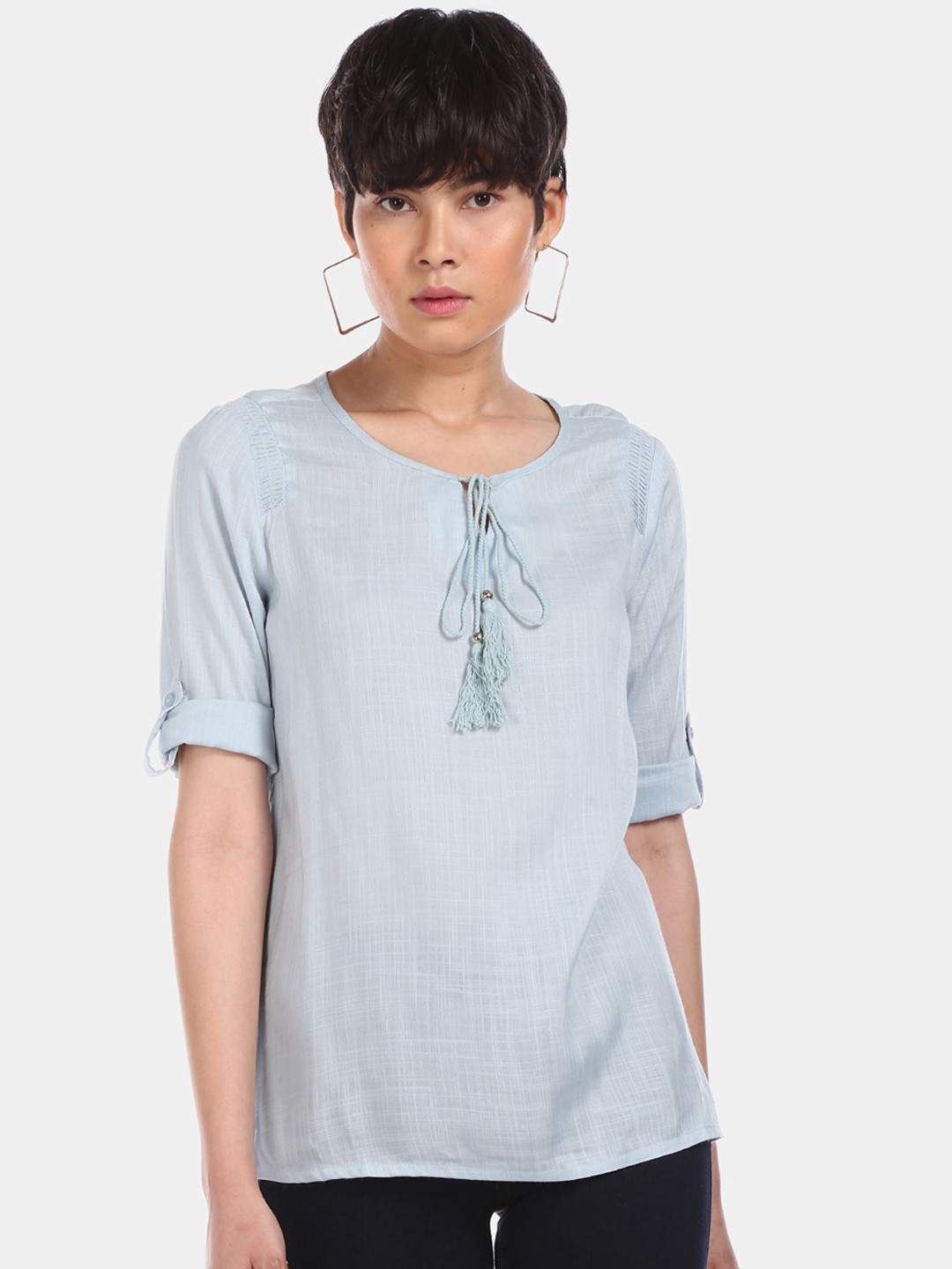 

Cherokee Blue Tie-Up Neck Roll-Up Sleeves Top