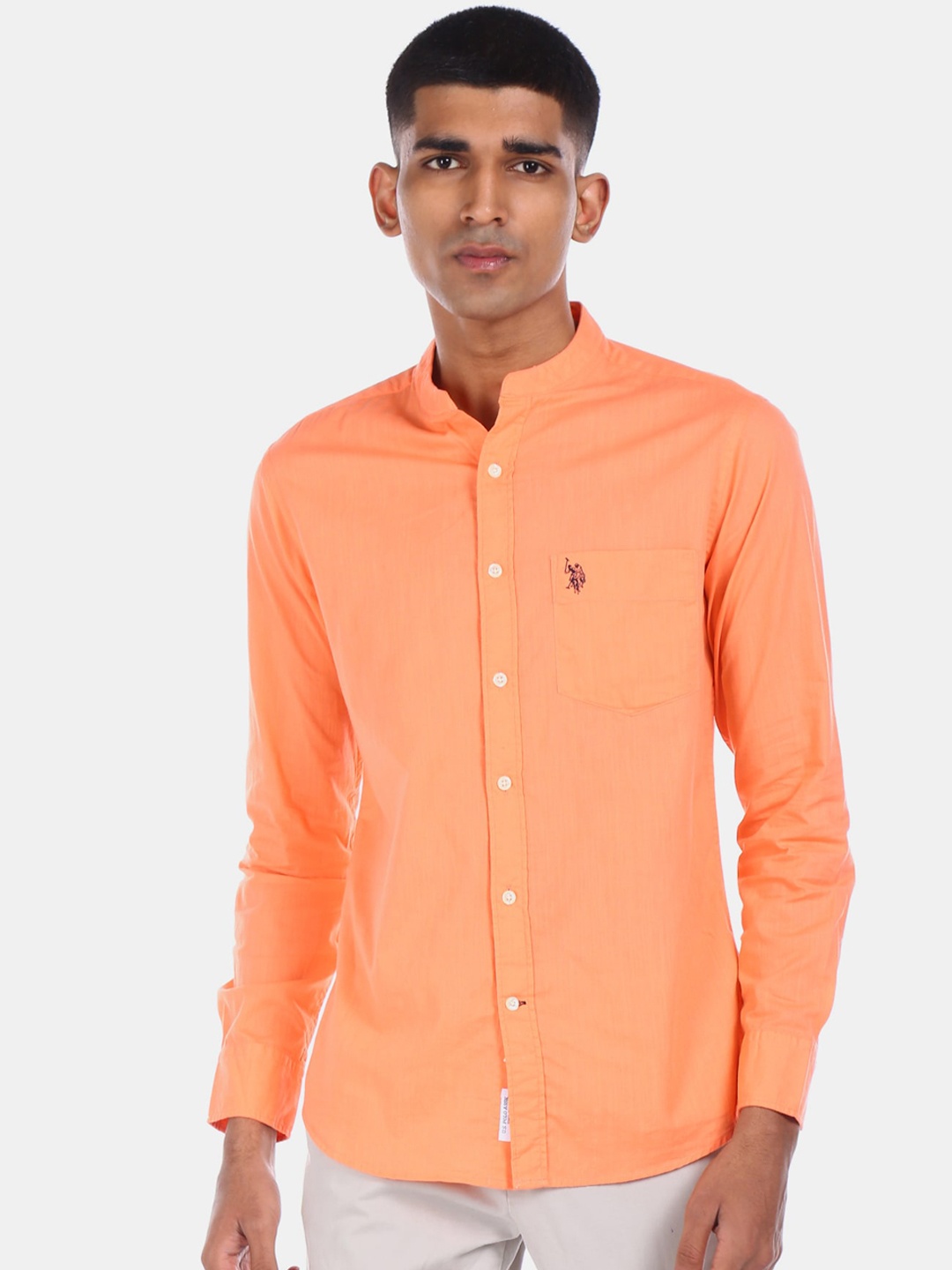 

U.S. Polo Assn. Men Coral Orange Regular Fit Solid Cotton Casual Shirt