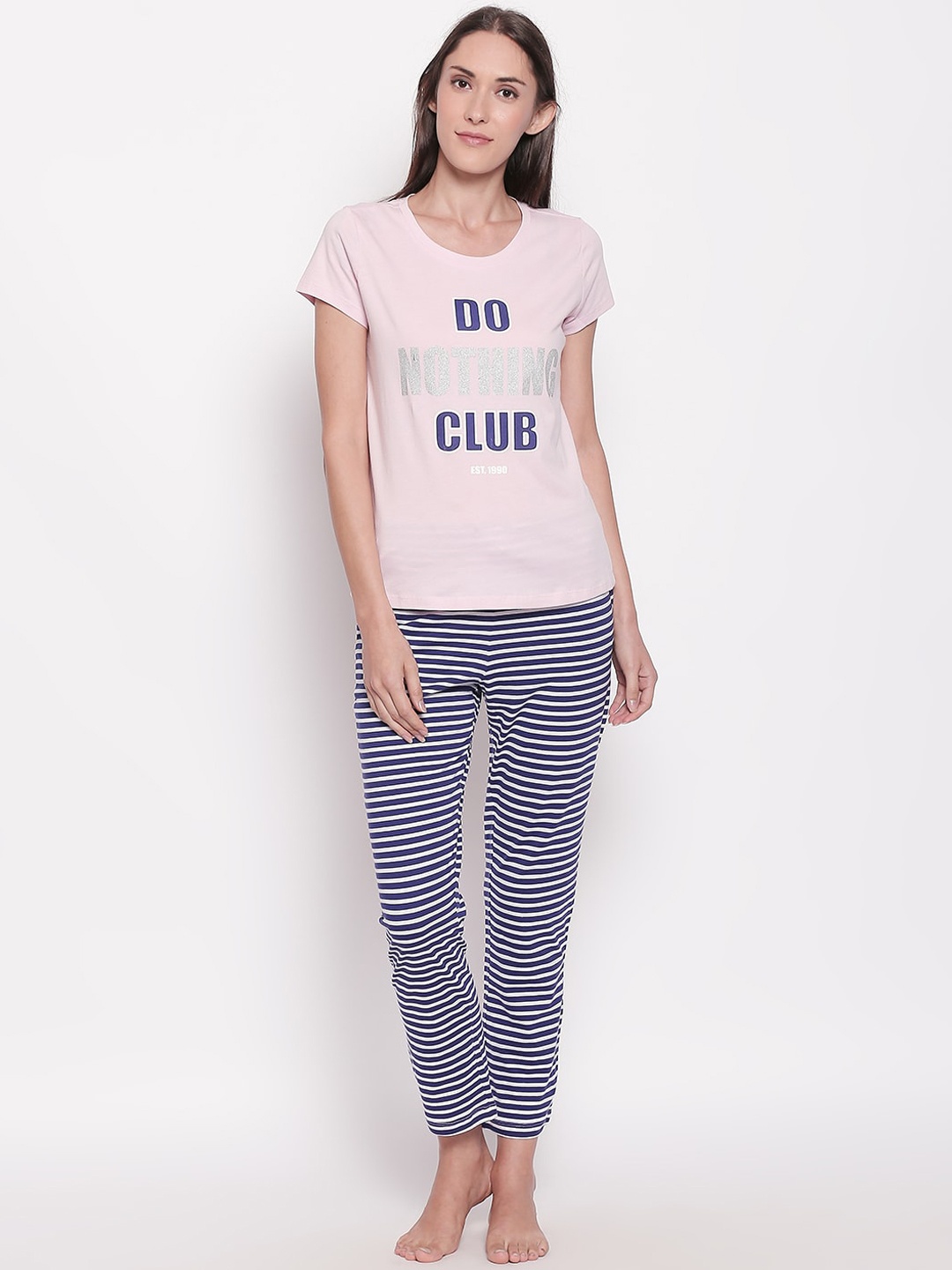 

Dreamz by Pantaloons Women Pink & Navy Blue Striped Night Suit