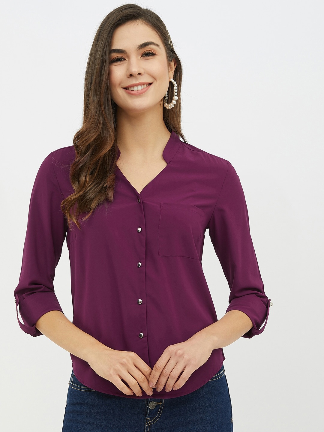 

Harpa Women Purple Solid Mandarin Collar Shirt Style Top