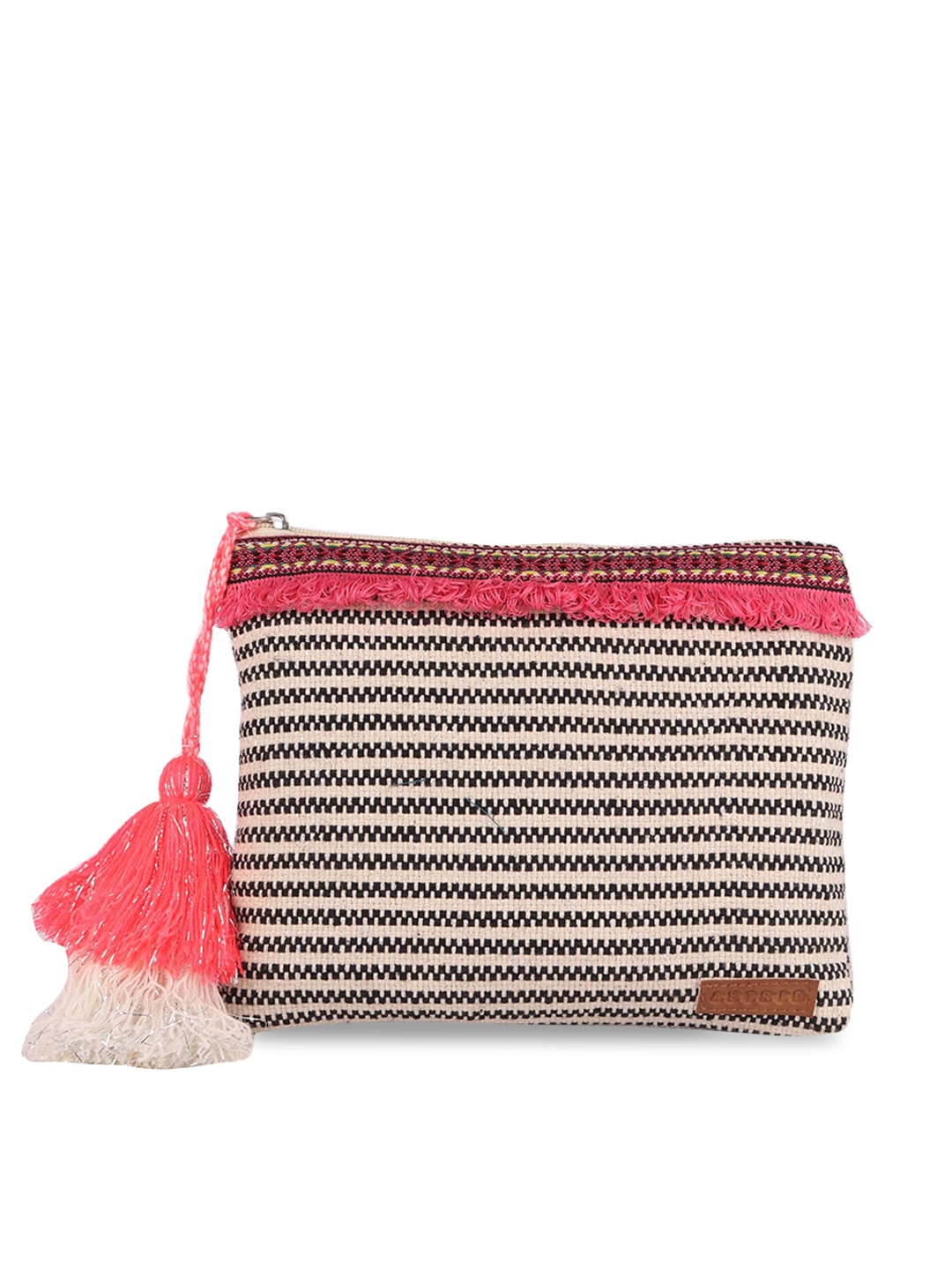 

ASTRID Black & White Striped Travel Pouch With Tassels