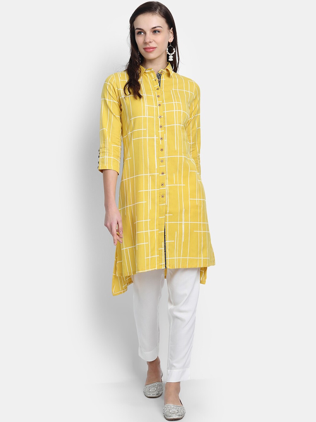

fabGLOBAL Mustard Yellow & White Checked Handloom Kurta