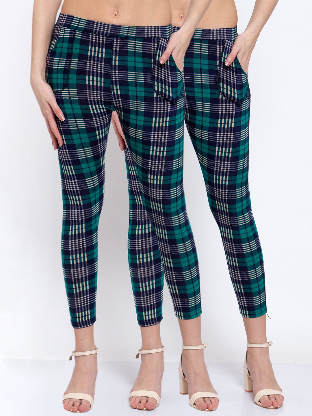 

KLOTTHE Women Pack Of 2 Checked Jeggings, Blue