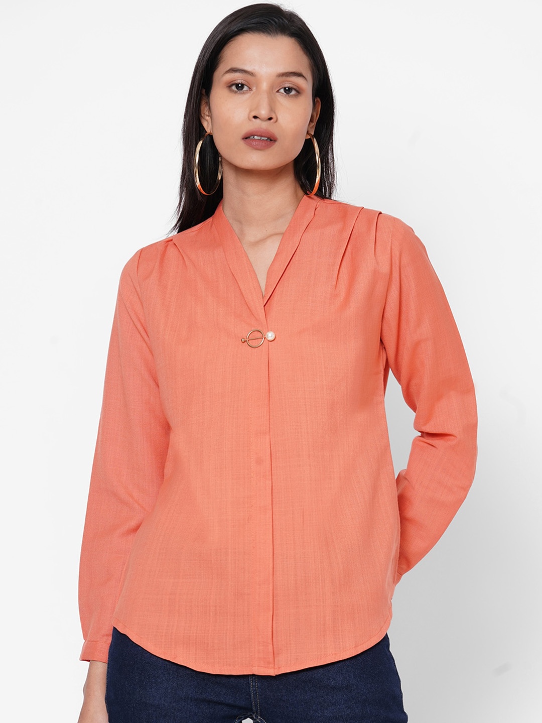 

109F Women Peach-Coloured Solid Shirt Style Top