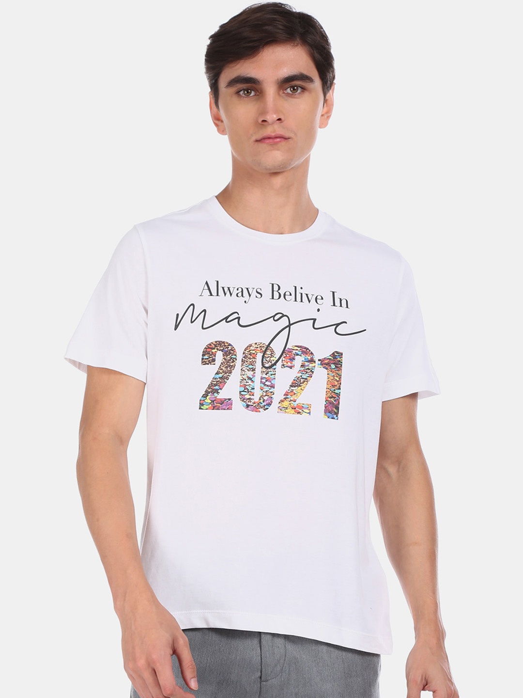 Arrow New York Men White Printed Round Neck Pure Cotton T-shirt