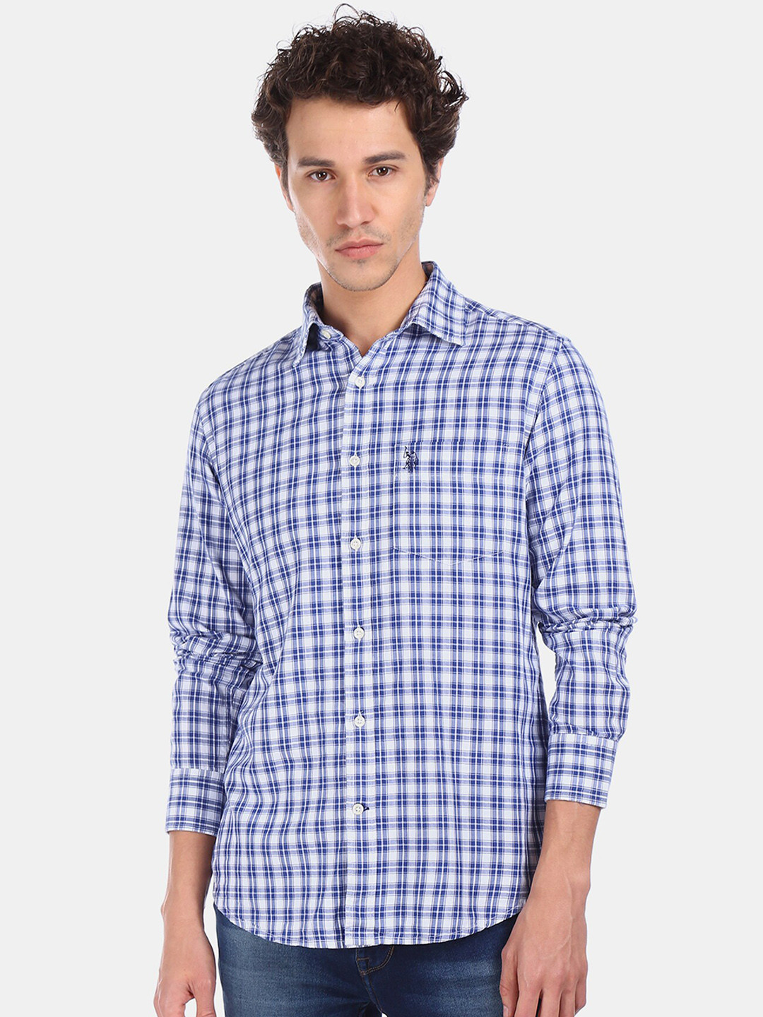 

U.S. Polo Assn. Men Blue & White Regular Fit Checked Casual Shirt