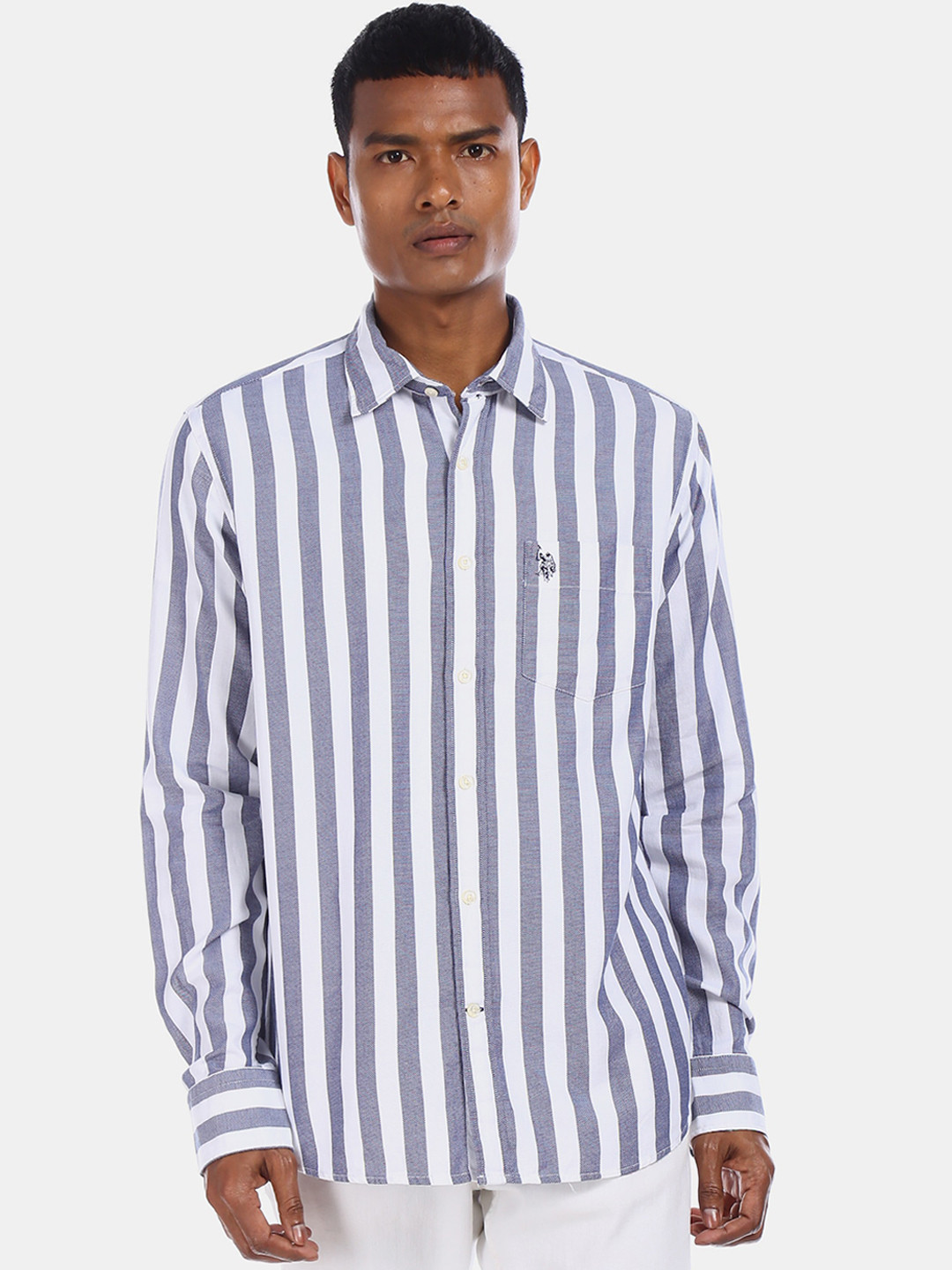 

U.S. Polo Assn. Men Navy Blue & White Regular Fit Striped Casual Shirt