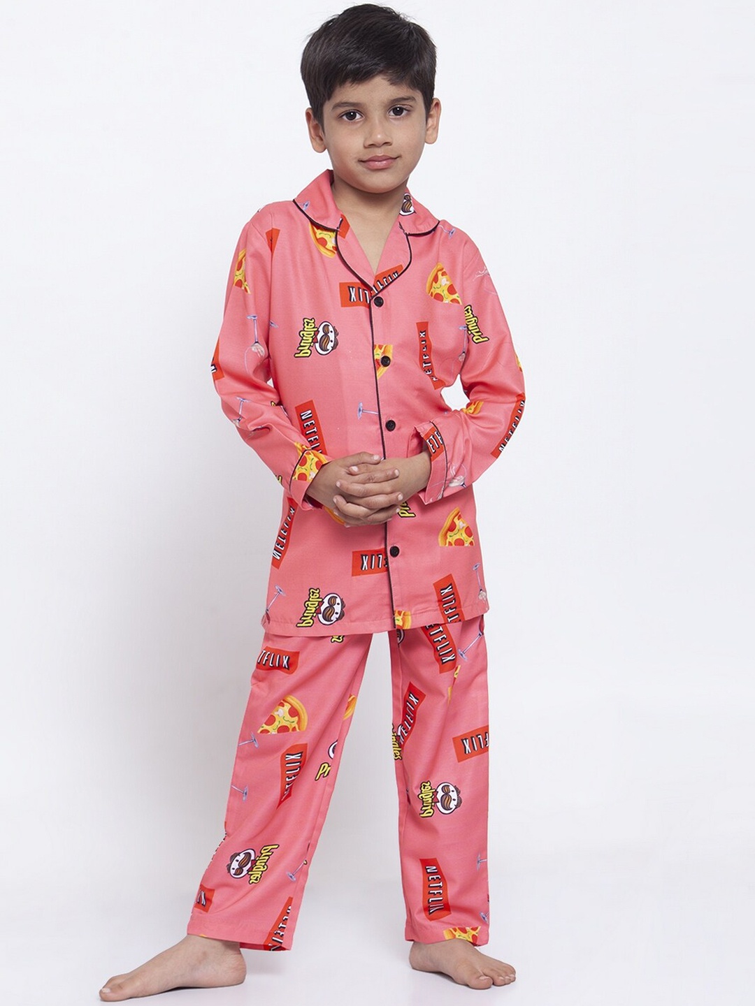 

MAXENCE Boys Peach-Coloured & White Printed Night suit