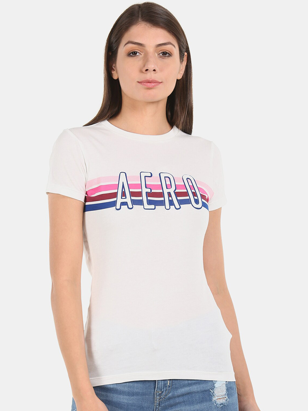 

Aeropostale Women White & Blue Printed Round Neck T-shirt