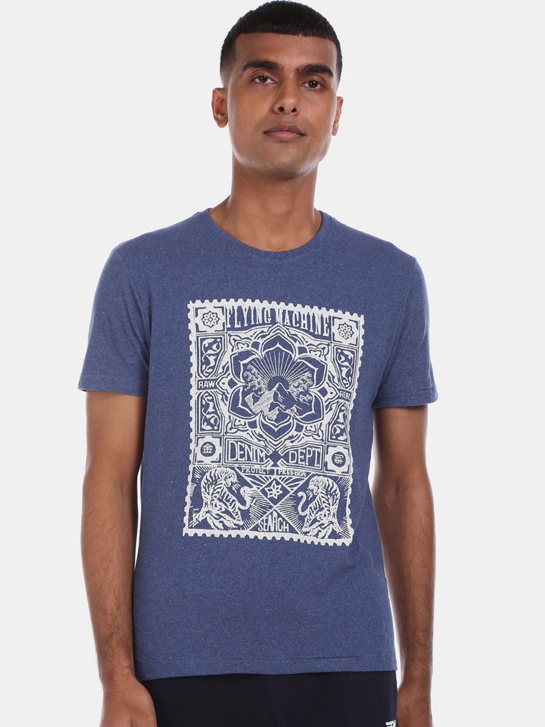 

Flying Machine Men Blue Printed Round Neck T-shirt