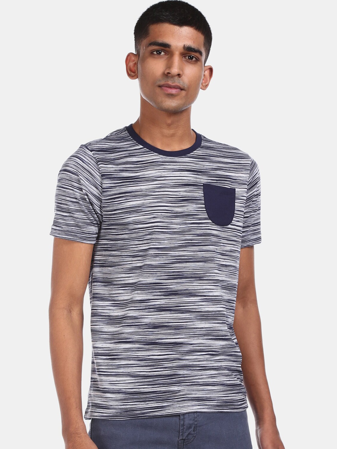 Cherokee Men Navy Blue Striped Round Neck T-shirt