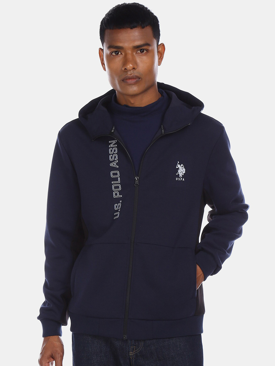 

U.S. Polo Assn. Men Navy Blue Brand Logo Print Hooded Sweatshirt