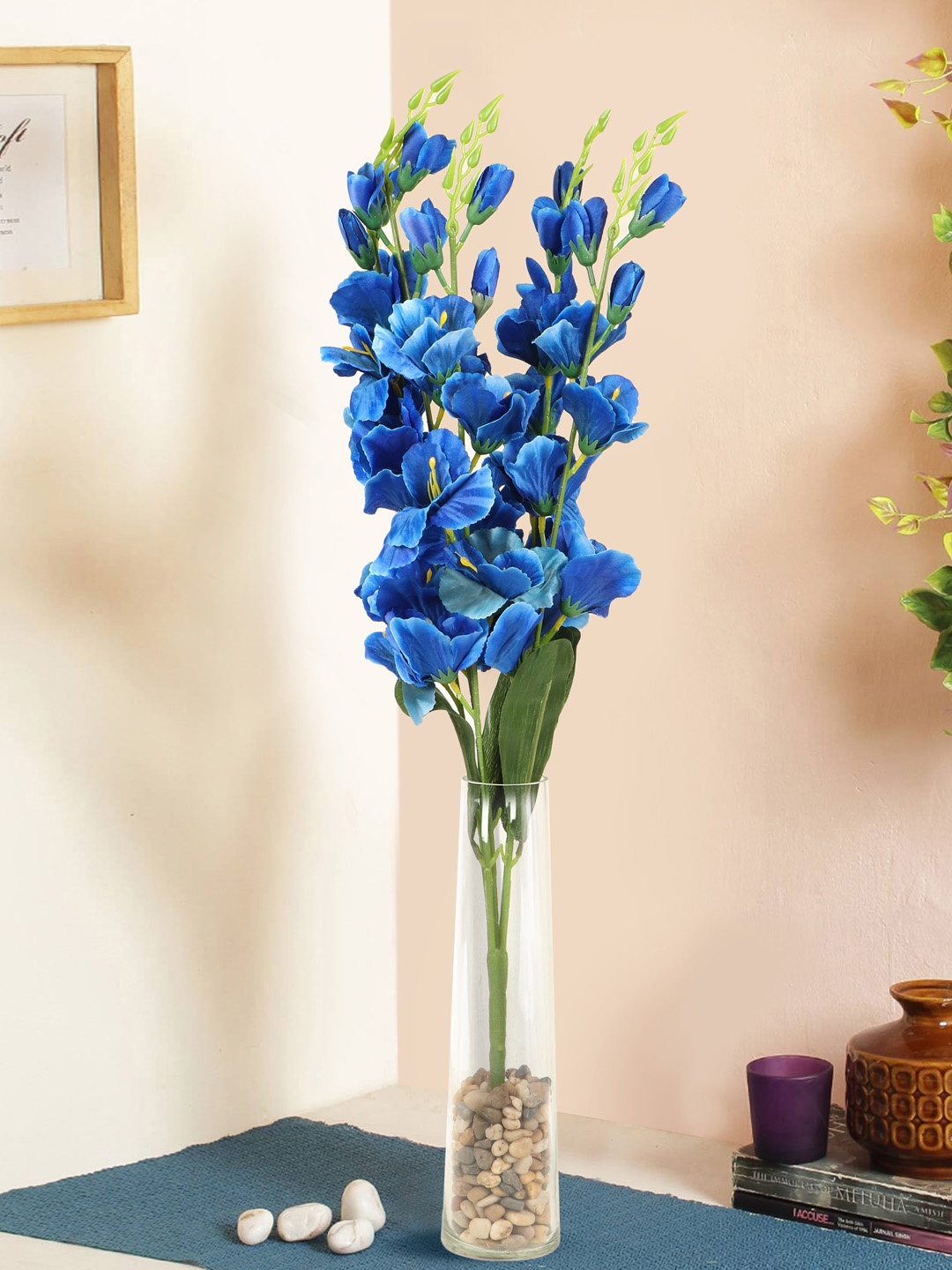 

TIED RIBBONS Blue & Green Artificial Flower Bunch with Glass Vase