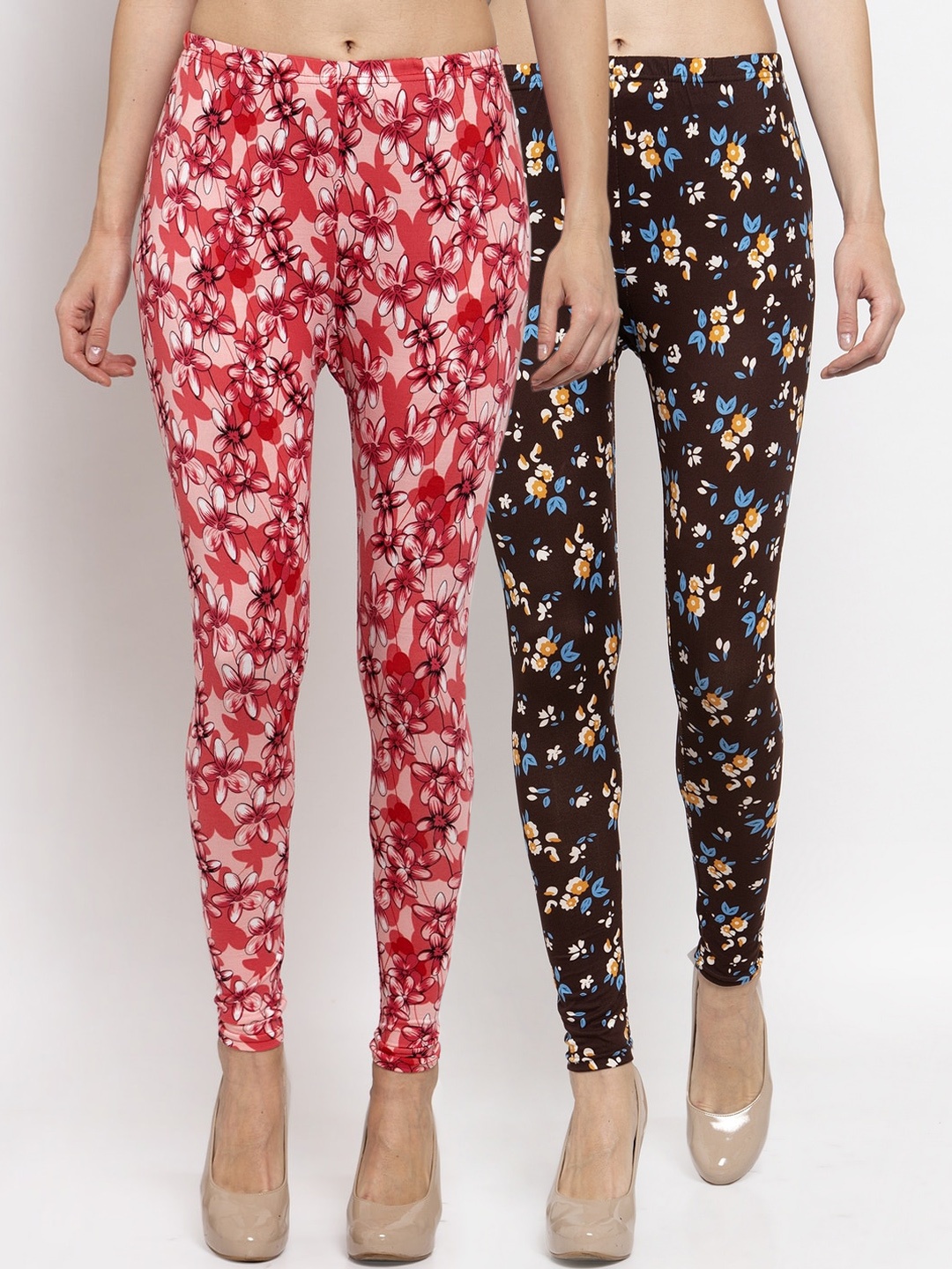 

KLOTTHE Women Pack of 2 Floral Printed Ankle-Length Leggings, Black