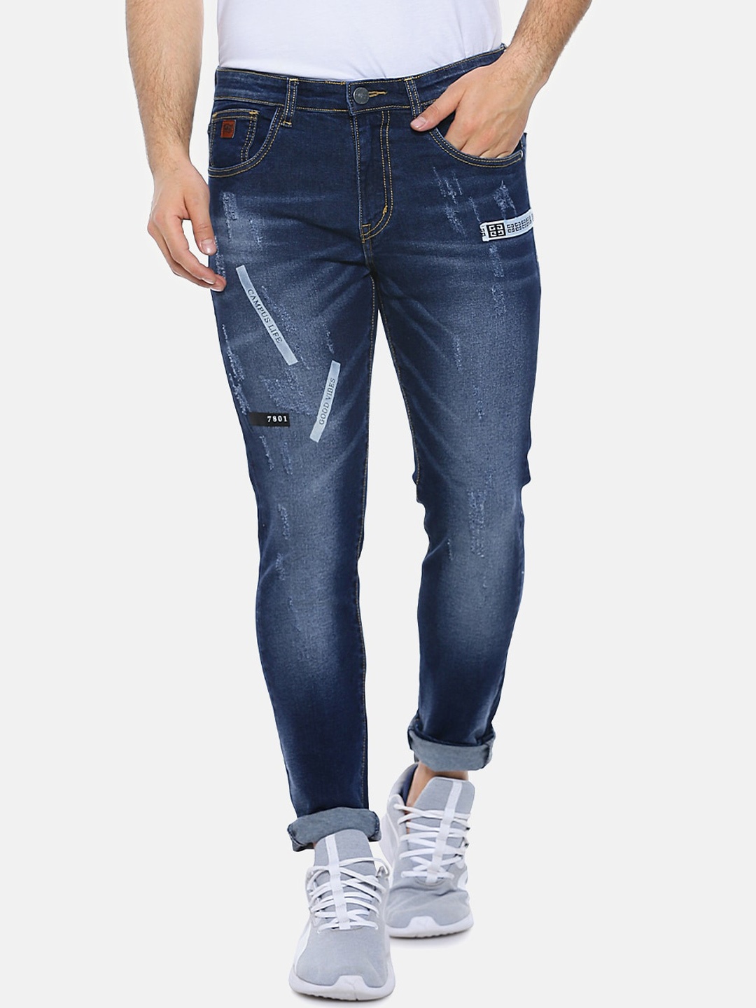 

Campus Sutra Men Navy Blue Slim Fit Mid-Rise Low Distress Jeans