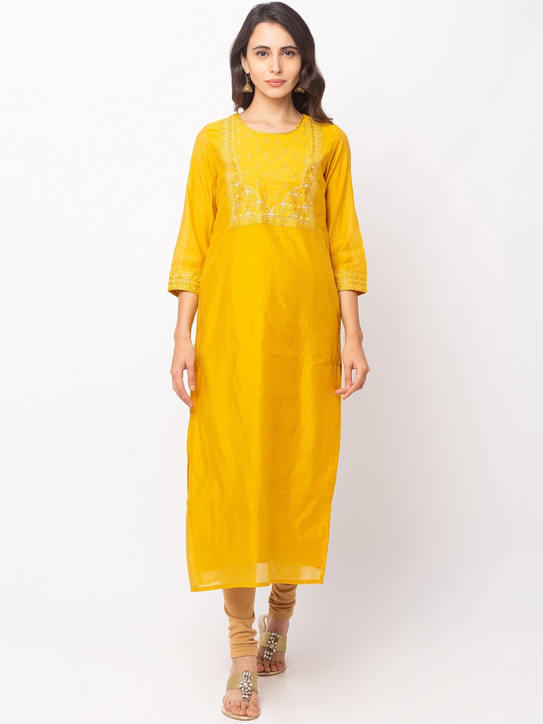 

Globus Women Yellow & Gold-Coloured Embroidered Chanderi Silk Straight Kurta