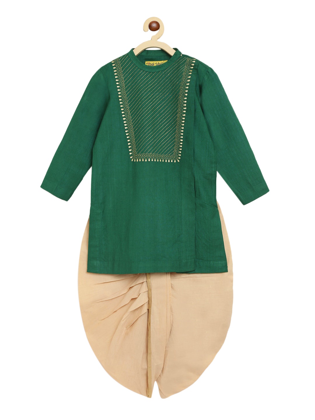 Tiber Taber Boys Green & Beige Solid Kurta with Dhoti Pants