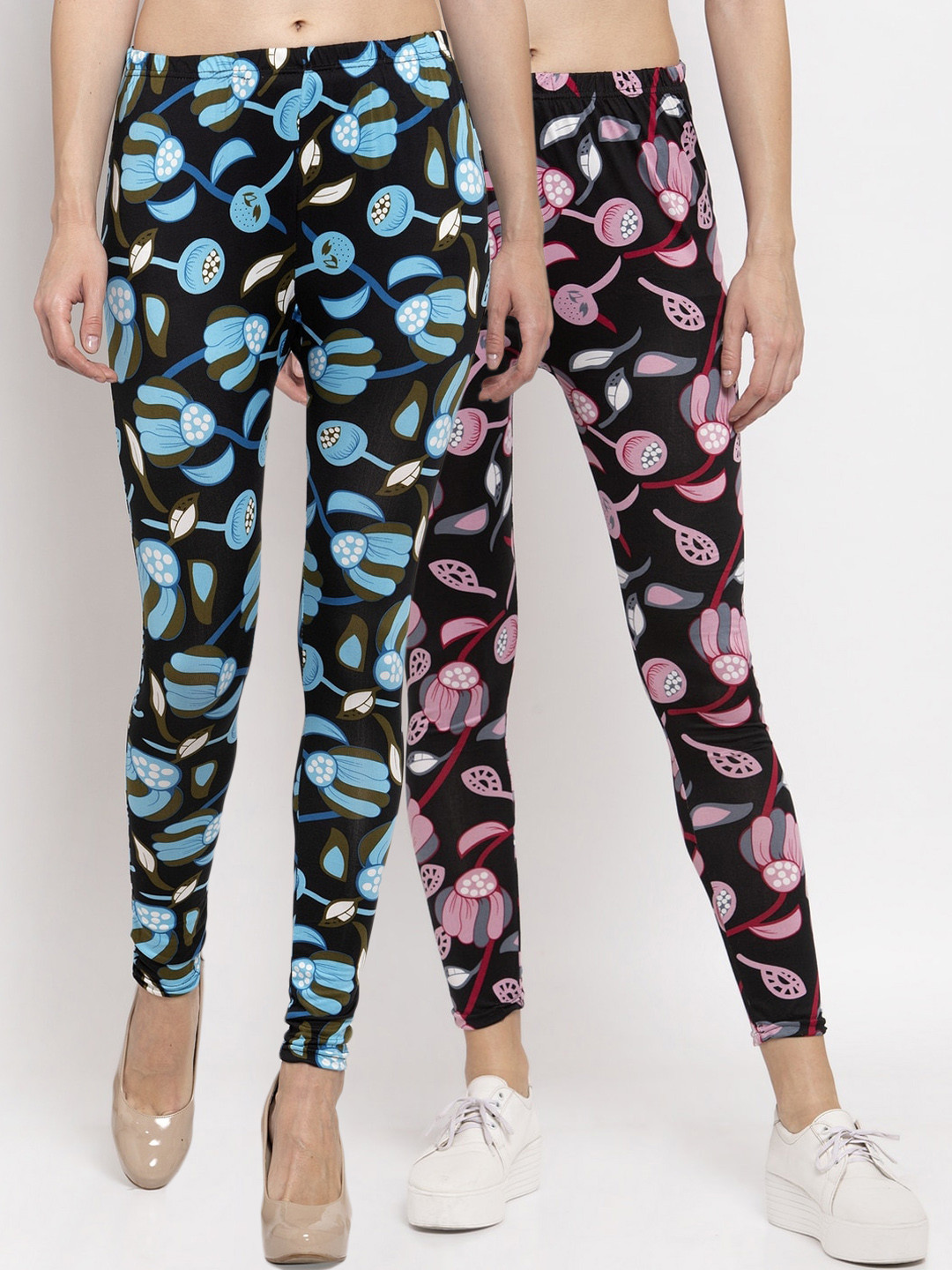 

KLOTTHE Women Pack of 2 Multicoloured Printed Ankle-Length Leggings, Black