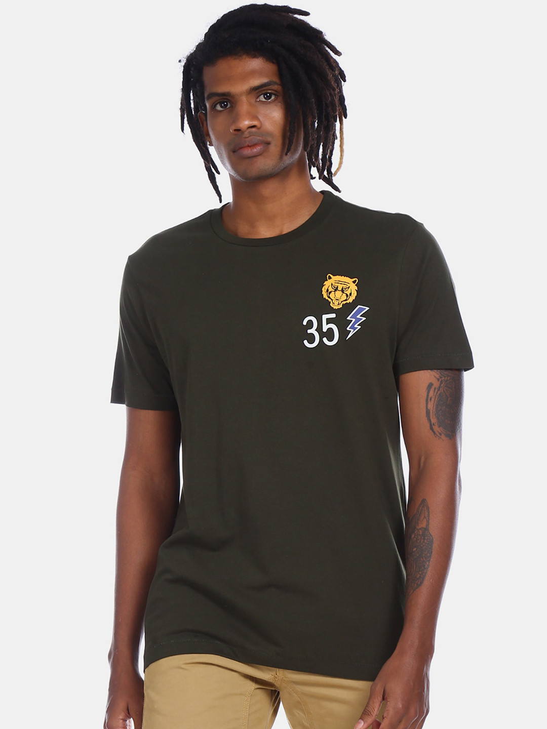 

Aeropostale Men Green & White Printed Round Neck T-shirt
