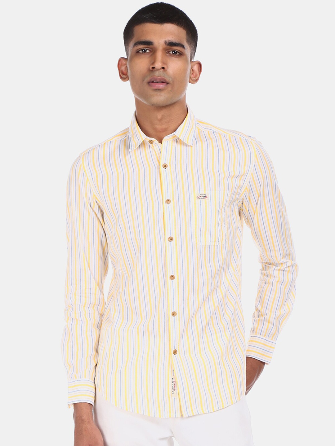 

U.S. Polo Assn. Men Off-White & Yellow Striped Casual Shirt