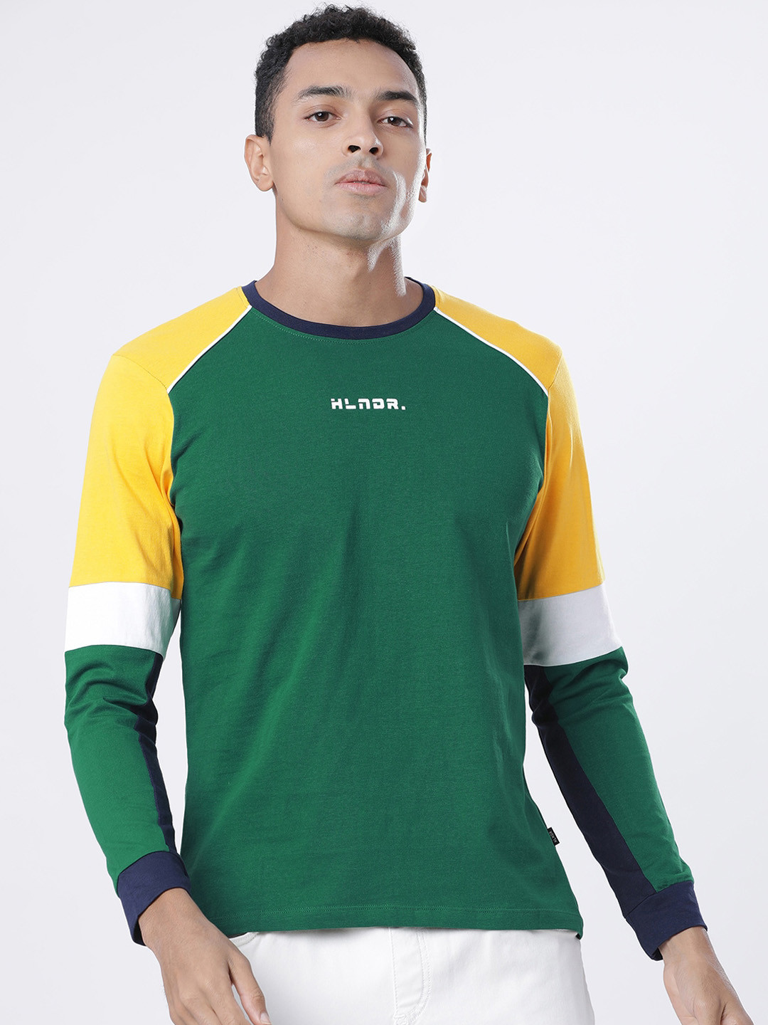 

HIGHLANDER Men Green & Yellow Colourblocked Slim Fit Round Neck T-shirt