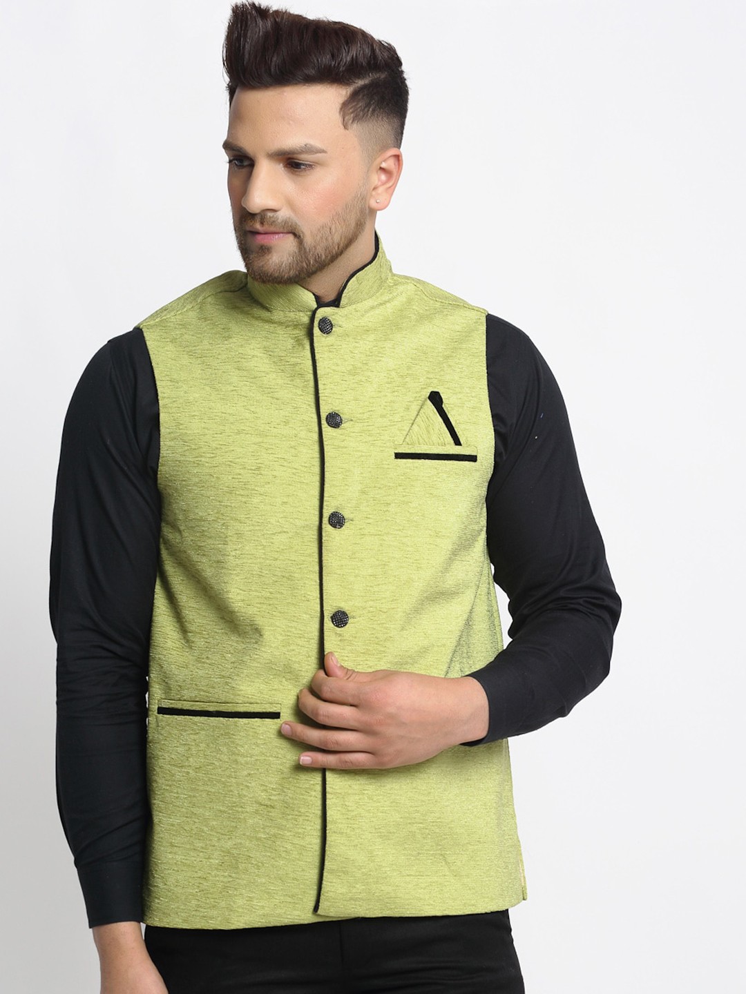 

Jompers Men Green & Black Woven-Design Nehru Jacket